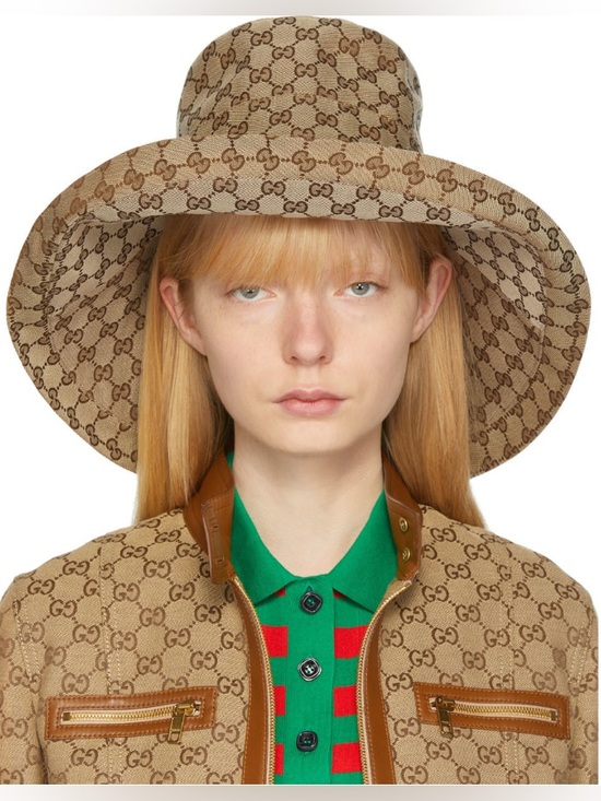Brim Accessories - Beige Monogram Bucket Hat Wide Brim Large Jacquard Canvas Beach Sun Coverage
